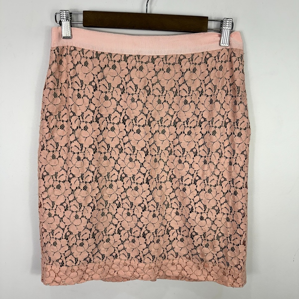 J.Crew Pencil Skirt Womens 8 Pink Floral Lace Grosgrain‎ Waist Classic Feminine